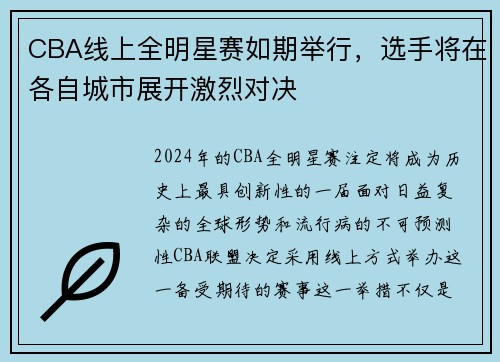 CBA线上全明星赛如期举行，选手将在各自城市展开激烈对决