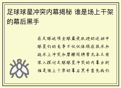 足球球星冲突内幕揭秘 谁是场上干架的幕后黑手